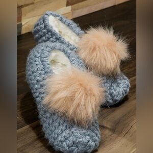 Blue Knit Microfiber Lined Furry Pom Pom Slippers